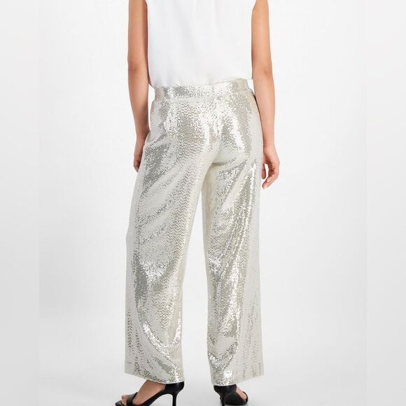 AK ANNE KLEIN WOMENS PETITE Silver Sequin PULL ON Pant NWT - Picture 2 of 11